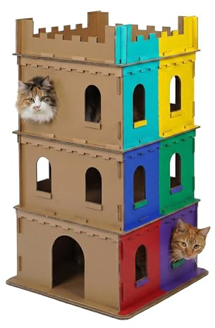 Relaxdays Katzenburg, 3 Etagen, Katzenschloss, Papphaus zum Bemalen, Stecksystem, HBT: 107,5x62x62 cm, Pappe, braun