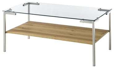 möbelando Couchtisch Glasgow | Moderner Wohnzimmertisch mit Glasplatte & Ablage | 110x46x60 cm | Sicherheitsglas, HWP Eiche furniert, Edelstahl-Optik | Zerlegt mit Aufbauanleitung