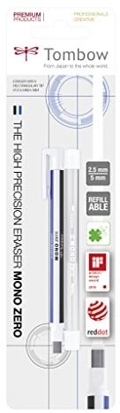 Tombow EHR-KUS Präzisionsradierer MONO zero und Nachfüllung eckige Spitze, 2.5 x 5 mm, weiß/blau/schwarz