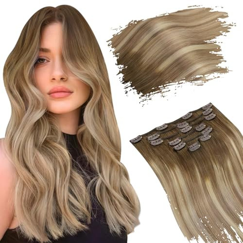 Ugeat Ombre Hair Extensions Clip in Human Hair Clip in Extensions Echthaar Extensions Clip in Human Hair Dark Brown Ombre Medium Brown Balayage Blond 7 Stück 105g 35cm