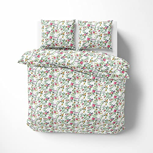 Mako Satin Blumen Bettwäsche mit Vögeln und Schmetterlingen weiß 240x220 + 2X 80x80 100% Baumwolle