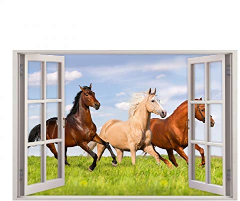 157 Wandtattoo Fenster - Pferde auf Wiese - in 5 Größen - Kinderzimmer Wanddeko Mädchen Wandbild reiten - Größe 750 x 500 mm