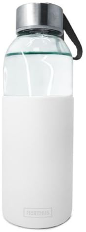 Nerthus FIH 393 Botella de cristal 400ml, Antideslizante Silicona, Color blanco 0,6 litros, Vidrio, botella reutilizable, Libre de BPA