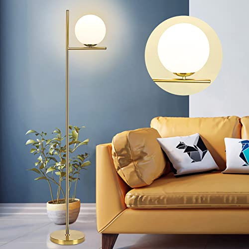 Depuley Gold LED Floor Lamp with Frosted Glass Globe, 3000K Warm White, Modern Tall Pole Standing Light with E27 Holder, Reading Floor Lamps for Living Room Bedroom Office (Bulb Included)