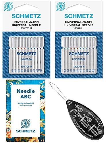 Speedypress Universal (Regular) Household Sewing Machine Needles, 2 Packs of 10, Assorted Sizes: 70/10, 80/12, 90/14 and 100/16 + Unique Large Needle Threader & ABC Needle Guide