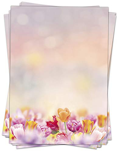 50 Blatt Briefpapier (A4) | Tulpenwiese rosa | Motivpapier | edles Design Papier | beidseitig bedruckt | Bastelpapier | 90 g/m²