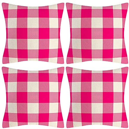 AHAHM Rosa und Weiß Buffalo Karo Plaid Throw Kissen Farmhouse Dekorative Throw Pillow Case Indoor Outdoor Kissenbezug für Sofa 45,7 x 45,7 cm 4er-Set