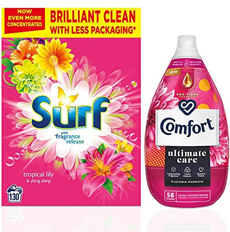 Surf Tropical Lily & Ylang-Ylang Laundry Powder 130 washes 6.5 kg with Comfort Fuchsia Passion Fabric Conditioner 58 washes 870 ml