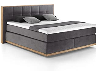 Mivano Levana Boxspringbett mit Sockel aus Eiche, 7-Zonen-Federkern, Matratzen H3 + Topper Premium, Mikrofaser, Anthrazit, Liegefläche 200 x 200 cm