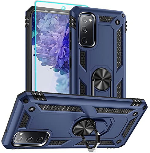 Aozuoton Samsung Galaxy S20 FE Hülle, Galaxy S20 FE Metallring Handyhülle & Schutzfolie, Hybrid Case Ständer Stoßstange Handy Hüllen Cover für Samsung Galaxy S20 FE,Blau