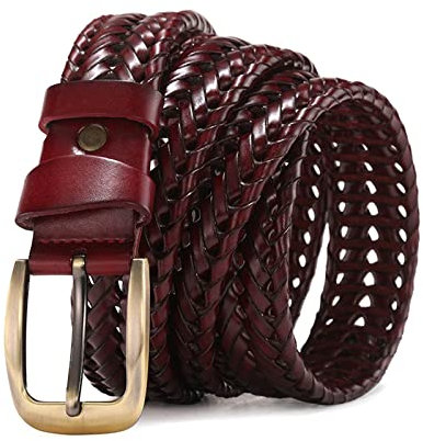 Elegantyl Herren Leder geflochtene Gürtel Gurtband Hand Vintage Gürtel für Herren Gold Dornschließe Lässig für Jeans Gürtel, Weinrot, 95cm