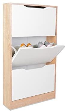 duehome | Zapatero 3 Puertas, Zapatero Estrecho, Modelo Kamik, Acabado en Color Nordico y Blanco, Medidas: 107,5 cm (Alto) x 60 cm (Ancho) x 17 cm (Fondo)