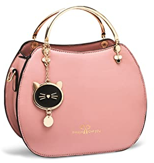 NICOLE & DORIS Runde Umhängetasche Damen Handtasche Klein Tasche Mode Crossbody Bag Damen PU Leder Henkeltasche Niedlich Schultertaschen Handytasche mit Katze Anhänger Rosa