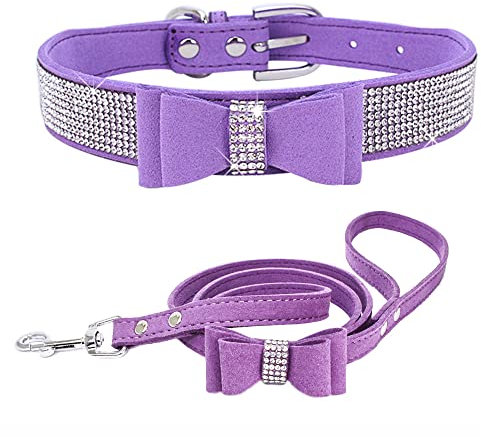 Hundehalsband und Leine, Set mit Strasssteinen, Schleife, Knoten, Kristall, glitzernd, für Mädchen, Welpen, Katzen, Violett, Größe S