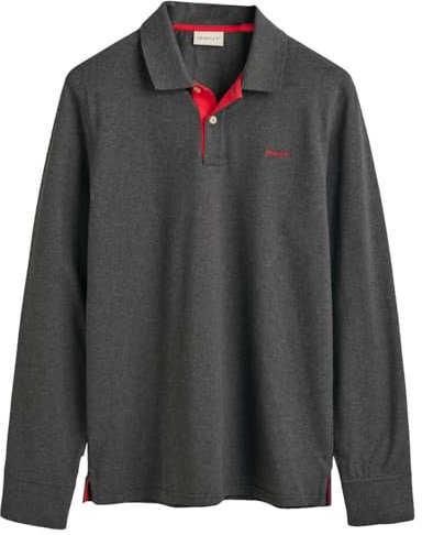 GANT Men's REG Contrast Pique LS Rugger Polo Shirt, Anthracite Melange, Standard, Antracite Melange, L
