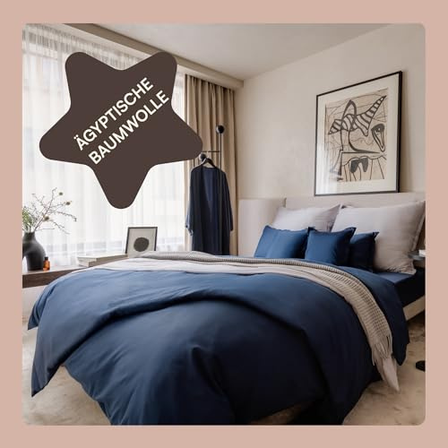 Amqua Mako Satin Bettwäsche Set 200x200cm + 40x80cm (2X Kissenbezüge), 100% ägyptische Baumwolle (Zertifiziert) Dunkelblau/Navy