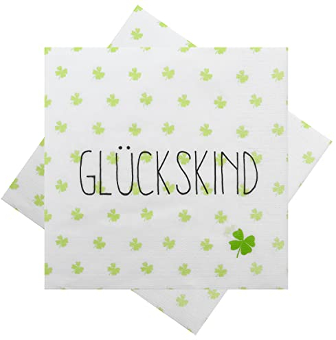 ZauberDeko Servietten Glückskind Kleeblatt Grün Weiß Tischdeko 33x33 cm 20er Pack