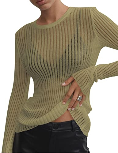 KAMISSY Frauen sehen durch Rundhalsausschnitt Sheer Mesh Strickpullover Solide Basic Langarm Loose Fit Strickpullover Pullover Top, Grün , Klein