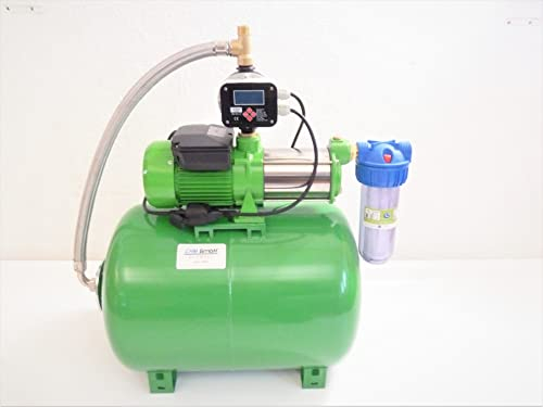 CHM GmbH® Hauswasserwerk 100 Liter, 6,5 Bar, 10.000 L/h Gartenpumpe Edelstahl + el. einstellbare Pumpensteuerung (LED Display) mit Trockenlaufschutz