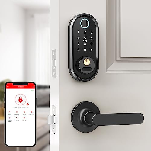 Smart Front Door Lock with Handle Set - Classic Fingerprint Keyless Entry Lock with Handle Set, Digital Bluetooth Keypads Deadbolt with Auto Lock,APP, Fobs,Code,Keys for New Home,Airbnb, Rental,Black