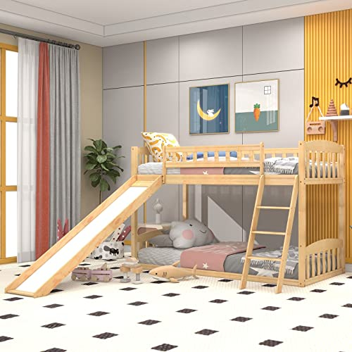 Kinderbett 90X200, Rausfallschutz Bett Holz Eiche Etagenbett mit Rutschen und Lattenrost Schlafzimmer Bett