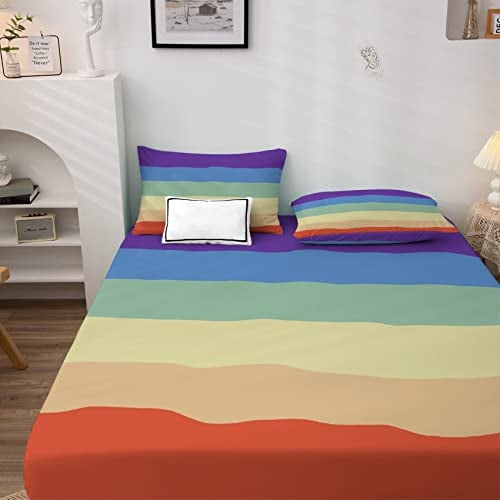 NOGAWA Regenbogen Spannbettlaken 90x200cm, Spannbetttuch Bunt Muster, Weiche Mikrofaser Boxspringbett Bettlaken geeignet für Matratzen von 30 cm Mit 1 Kopfkissenbezug 80x80 cm