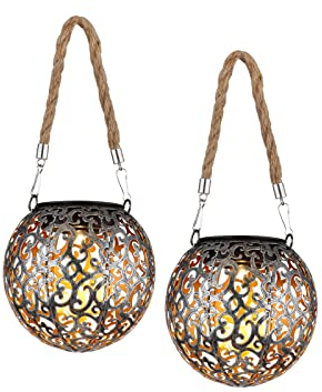 Solarlaternen 2er SET zum Aufhängen, Leuchtkugeln Metall Silber Antik Ø12cm