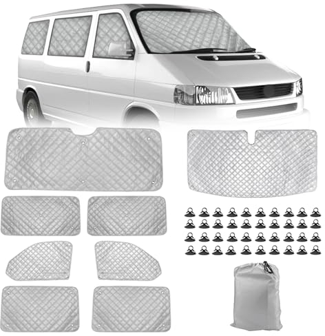 Sonnenschutz Auto Frontscheibe Ersatz für VW T4 LWB, 8PCS Sonnenschutz Windschutzscheiben Schutz Set, Internes Thermisches Jalousie Fenster Set mit Aufbewahrungstasche, 100% Okklusion (8PCS-LWB)