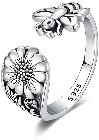 Spoon Ring for Women Men 925 Sterling Silver Bee Flower Rings Open Adjustable Vintage Thumb Rings Jewelry Gifts