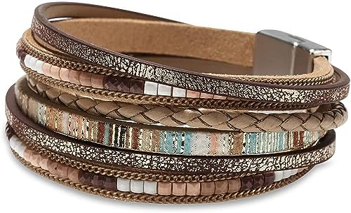 aesdox Leder Wrap Armbänder für Frauen, Boho Leopard mehrschichtige Kristallperlen Manschette Armband Schmuck Geschenk