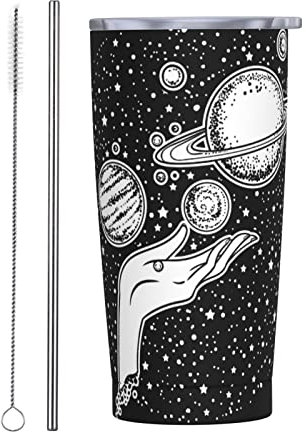 FJQWKLF Bicchiere isolato Hand Planets Cosmos Mystic Magic 20 OZ con coperchi e cannuccia Tazza sottovuoto in acciaio inossidabile Caffè Acqua Tazza da viaggio a tenuta stagna per casa Ufficio Scuola