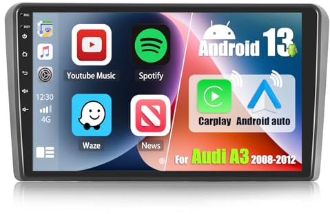 Autorradio Android 13 para Audi A3 S4 RS4 8E B6 B7 2008-2012 con Carplay Android Auto, Pantalla de 9 Pulgadas Doble DIN con Navegador Bluetooth WiFi HiFi FM +AHD telecámara Trasera