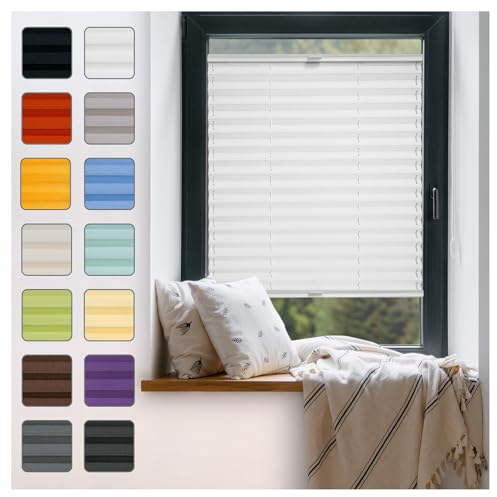 Fenster Plissee ohne Bohren zum Kleben Innenrahmen - Thermo Plisseerollo Innen - Rollo Jalousie, Halterungen auf Rahmen, Faltrollo, Sichtschutz, Blickdicht, für Fenster & Tür - Weiß, 45 x 100 cm