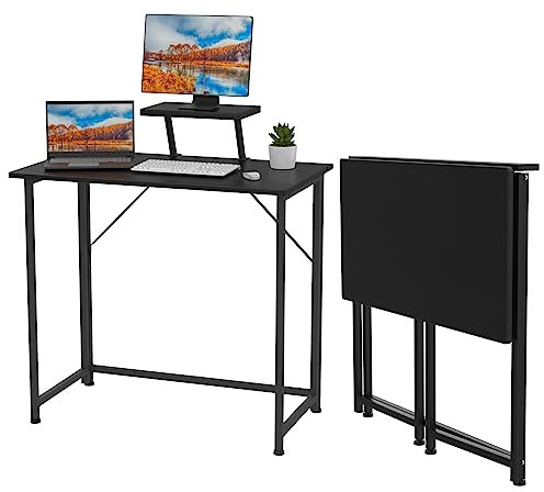EXSELTMAN Klappbarer Schreibtischtisch, Laptoptisch mit Monitorhalterung, Computertisch, Sekretär-Computertisch, Arbeitsplatz, Arbeitstisch, für Computer, Gaming für Büro (schwarz)