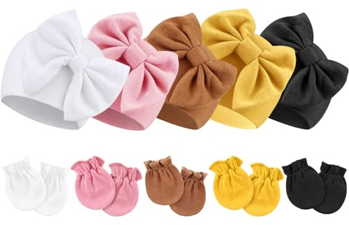 DRESHOW Newborn Baby Girls Hats Mittens Set Hospital Hat Beanie Infant Hats Baby Cotton Gloves No Scratch Mittens 0-6 Months
