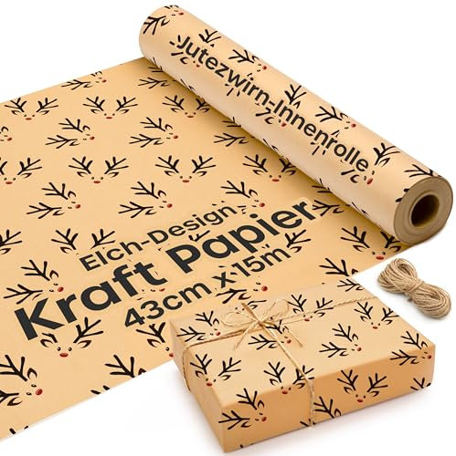 Kraftpapier Rolle mit Elch-Design - 15 m x 43 cm Geschenkpapier Rolle mit 2 Jute Schnüre - Braunes Packpapier, Ideal als Geschenkpapier Rolle & Weihnachtspapier Geschenkpapier