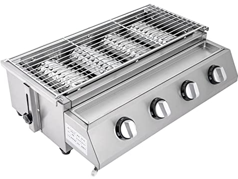 Barbacoa de gas de acero inoxidable con 4 quemadores LPG con manguera de gas y reductor de presión