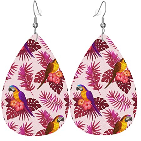 Damen Ohrringe Ohrhänger Leichte Ohrringe Hängend Kunstleder Schmuck Tropische Ara-Papageien-Hibiskus-Palmenblätter