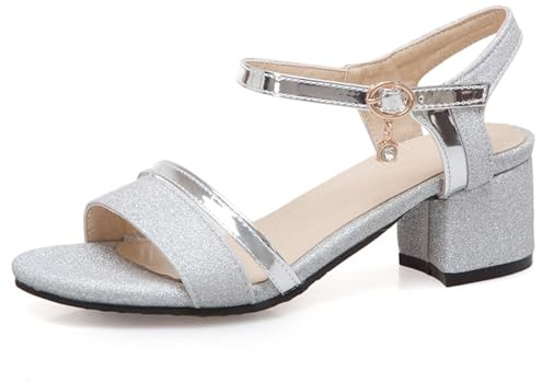 OALEEN Sandales Nu-pieds Femme Eté Confort Talon Carré Paillettes Bride Cheville Chaussures Ouverte Soirée Mariage Argentée 41