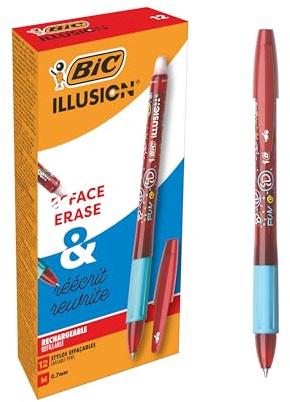 BIC Illusion Radierbare und nachfüllbare Kugelschreiber, mittlere Spitze (0,7 mm), Rot, 12 Stück