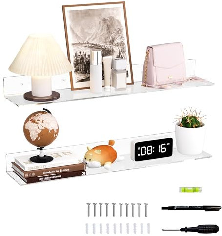 Sezanrpt 30 Inches Clear Long Floating Shelves for Wall, Acrylic Wall Shelf for Plants, Radio, Funko Pop, Books, Picture Frame, Clock, Cosmetics, Toiletries, 2 Pack(30 Inch)