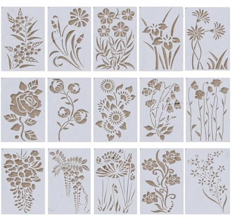 15 Stück Blumen Schablonen, Wiederverwendbare Kunststoff Malschablonen Graffiti Stencil Schablone Kunststoff-Schablonen Zum Malen Von Möbeln DIY Heim dekoration, 18 x 28 cm