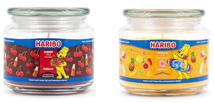 Haribo Duftkerzen im Glas mit Deckel | 2er Set Cherry Cola & Tropical Fun (300g) | Kerzenset für Zuhause | Fruchtige Duftkerzen mit langer Brenndauer (50h)