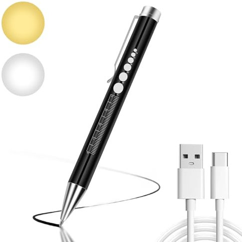 Flintronic Linterna de Bolígrafo de Diagnóstico Médico, LED Luz Médica Recargable, Luz de pluma médica reutilizable, Con cable de carga tipo C, Para Cuidado Personal, Iluminación, Negro
