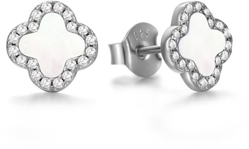 Evensee Vierblättrige Kleeblatt Ohrringe Silber 925 für Damen,Hypoallergene Weißer Klee Perlmutt Ohrstecker,Mode Schmuck Earrings Edle Geschenke für Frauen