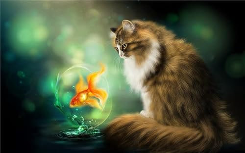 Dream Cat And Goldfish-60000 Piece Wooden Jigsaw Puzzle For Adults Unique Shape Beautiful Box Fun Challenging Brain Exercise Family Game Gift For Friends Parents Grandparents