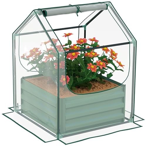 Outsunny Raised Garden Bed with Mini Greenhouse, Outdoor Metal Planter Box with Cover, for Herbs and Vegetables, Use for Patio, Garden, Balcony, Clear and Green