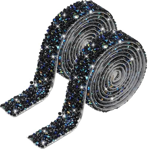 Barlone 2 Bände Strassband Selbstklebend Schwarz, Glitzerband Selbstklebend Breite 2cm, Strasssteine Selbstklebend Glitzerband, Bling Strassband für DIY Kleidung, Hochzeit, Handwerk,Geschenkdekoration