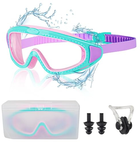 Mezere Gafas de natación para niños de 3 a 6 años, gafas de buceo para hombre y mujer, gafas de natación antivaho, protección UV, pinza nasal, gafas de natación para niños y niñas (morado+cian)