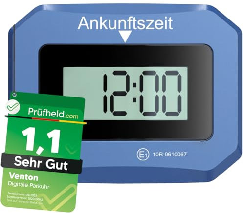 VENTON Disco de estacionamiento electrónico con certificado TÜV y homologación KBA – Parquímetro automático con doble pantalla, modo nocturno, luz SOS y batería de repuesto (Li-Mn) – Incluye manual de